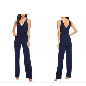 DRESS THE POPULATION Sam Jumpsuit S Navy Blue Crepe Sleeveless Flare Leg EUC B74